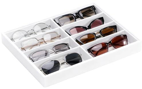 HIVTE Organizador de Gafas de Sol con Bandeja de Terciopelo - Caja de Almacenamiento de 8 Ranuras para Cajón o Expositor - 33,8 x 24,4 x 3,8 cm (Blanco)