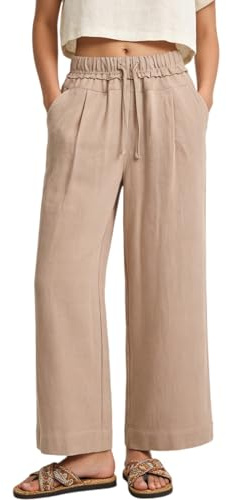 Rolanko Pantalones de Lino para Niñas, Cintura Elástica Pierna Ancha Palazzo Lounge Pantalones de Playa Fluidos con Bolsillos, Kaki, 170, 14-15 Años