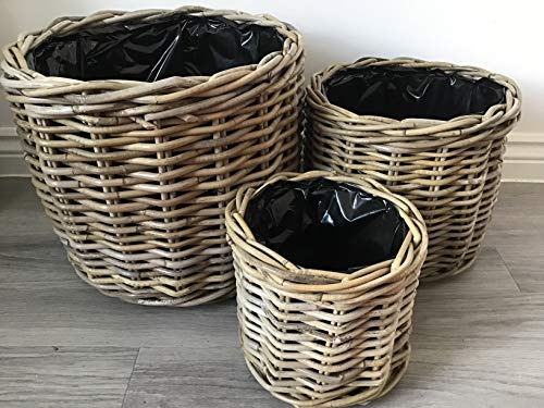 Round Baskets/Planters, Plastic Lined, Excellent Quality, Very Strong Kuba Rattan (Medium)