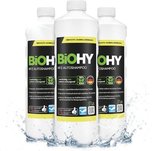 BiOHY Bilschampo (3 x 1l flaska) | Koncentrera utmärkt rengöringskraft och skumbildning Skyddande pärleffekt Skapar en bestående frisk doft (KFZ Autoshampoo)