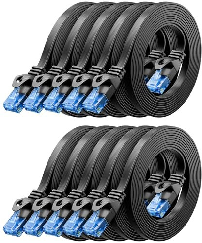 deleyCON 10x 1m CAT6 Plano Cable de Red 1000 Mbit Gigabit LAN - Cat 6 RJ45 Ethernet Cable de Conexión Delgado Cable de Instalación Plano - para Internet Conmutador Router Módem - Negro
