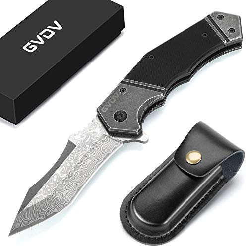 GVDV Klappmesser Damast mit G10 Griff - Taschenmesser Damaststahl mit Leder Tasche & Liner-Lock, Outdoor Messer für Survival, Camping, Jagd, Damastmesser Geschenke für Männer (Schwarz)
