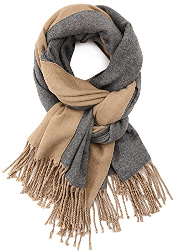 SPFASZEIV Bufanda para mujer, imitación de cachemir, a cuadros, para otoño e invierno cálida Caqui y gris XXL