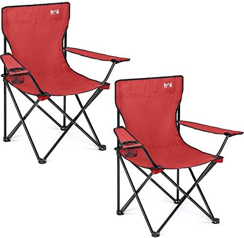 Trail Folding Camping Chair – 2 Pack, Lightweight Outdoor Chair with Cup Holder Armrest, Heavy Duty Tubular Steel Frame, Fast-Drying Polyester, Carry Bag, 100kg Capacity (Red)