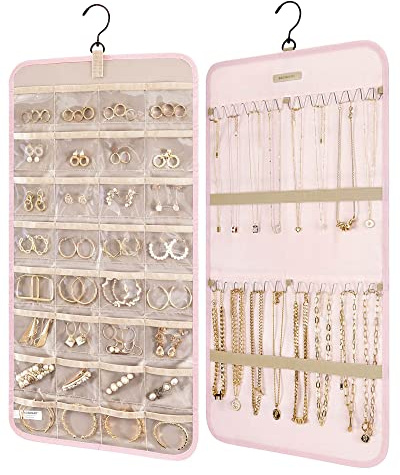 bagsmart Dual-sided Jewelry Organizer Hanging with Metal Hooks,32 Pockets and 2 Wave-Shaped Hooks,Jewelry Roll for Earrings,Necklaces,Rings on Closet,Wall,Door,1 piece, Small, Pink