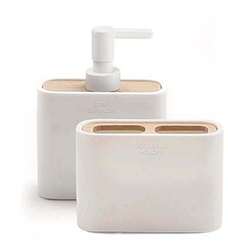 GEDY | Set Melbourne 2 Pezzi, 1 Dispenser Sapone e 1 Porta Spazzolino, Serie Realizzata in Resina e Bambù con Finiture Bianche