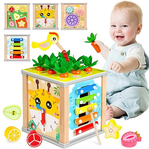 Motorikwürfel Aktivitätswürfel aus Holz 6 in 1 Montessori Spielzeug,Motorikwürfel Holz Baby ab 1 Jahr,Activity Spielzeug Holz Motorikspielzeug Holzspielzeug Lernspielzeug für Klein Kinder Baby