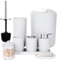 FEILANDUO Set completo di accessori da bagno, 8 pezzi con cestino, dispenser di sapone, portasapone, portaspazzolino, tazza per spazzolino, scopino per WC e porta Qtip, vassoio da trucco bianco