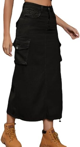Tooe Falda larga estilo cargo retro Y2K para mujer, falda cargo vintage con bolsillos, falda de mezclilla larga Indie Harajuku de cintura baja, Negro -, Large