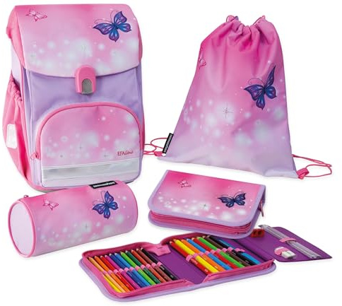 EBERHARD FABER 577654 - EFAlino Satchel Set Mariposa, Juego de 4 Piezas con Mochila, Bolsa de Deporte, Rollo de lápices y Estuche de lápices