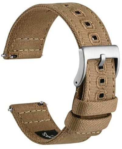 WOCCI 20mm Bracelet de Montre, Tissu à Voile, Libération Rapide, Bande de Remplacement, Boucle Argentée (Kaki)