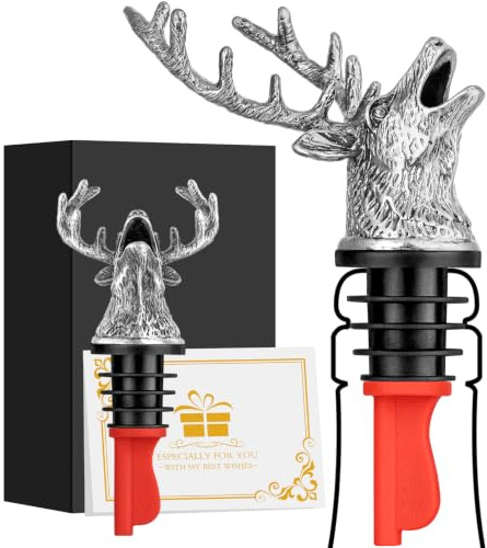 LULLEA Deer Head Liquor Pourers Spout, Deer Wine Bottle Pourer and Stopper for Wine Spirits, Stag Gifts Christmas Gifts Birthday Gifts Hunting Gifts for Hunters Men Women, Silver