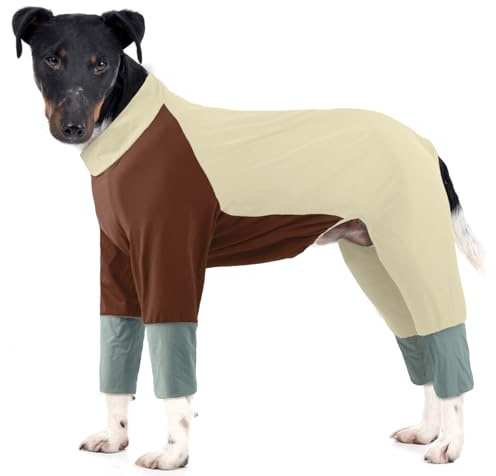 Hjumarayan Hundeschlafanzug Große Hunde, Dehnbarer Hunde Pyjama mit Reißverschluss Voller Abdeckung Hundebody Lange Beinen, Schlafanzug Kühler Onesie für Spaziergänge & nach OP, Beige 2XL