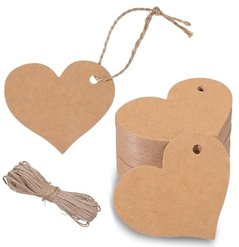 JUGUTA Etiquetas De Regalo Marrones Con Cuerda Para Regalos, 100 Etiquetas De Papel Kraft Para Equipaje, Etiquetas De Tarjeta De Corazón En Blanco, Etiqueta De Regalo Para Navidad