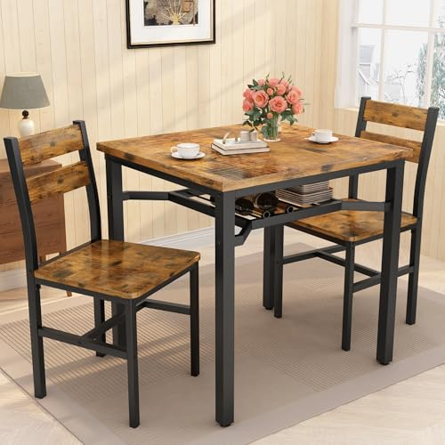 HOOSENG Wooden Dining Table and Chairs Set of 2, 3 Piece Dining Room Set, Small Dining Table with Storage and 2 Chairs for Kitchen/Apartment/Small Space,Rustic Brown