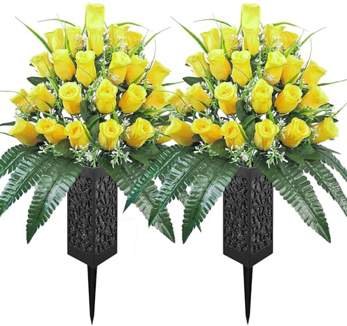 2-Pack Cemetery Flowers for Grave with Vases, 24-Stem Yellow Artificial Roses, Color-Fast & Non-Bleed Grave Decorations for Cemetery, Wind-Secure Spikes for Outdoor Tombstone