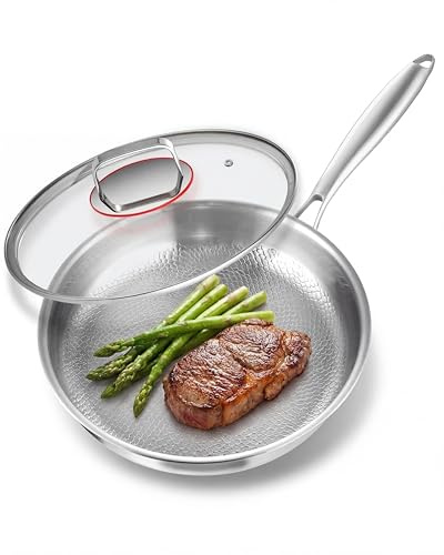 Abijan Stainless Steel Frying Pan with Lid, Titanium Frying pan, 5-Ply Construction Stainless Steel Pan 30cm, Cooking Pans Uncoated, PTFE & PFOA-Free, Suit for Induction, Gas, Electric Hobs