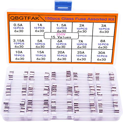 QBGTFAK 15 Values150pcs Quick Blow Glass Tube Fuse Assorted Kit 6x30mm 250V 0.5A, 1A, 1.5A, 2A, 3A, 3.15A, 5A, 6A, 7A, 8A, 10A, 15A, 20A, 25A, 30A, packag in a Clear Plastic Box