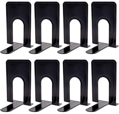 KINJOEK 4 Pairs/8 PCS Heavy Duty Bookends, 8.3x6.5x5.1 Inch Anti Slip Metal Book Ends for Books, Magazines, DVDs, Home, Office, School, Library, Black