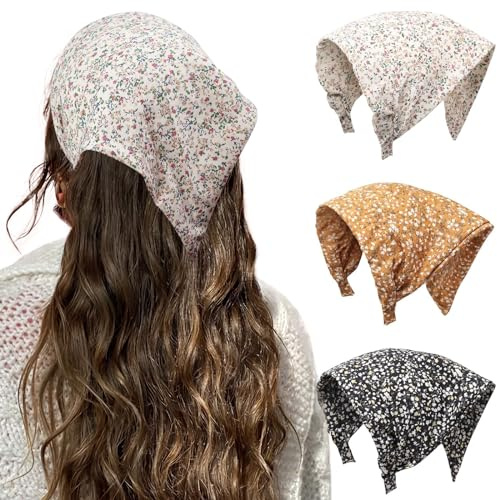 HAIMEIKANG Floral Hair Scarf Headbands for Women Boho Bandanas for Women Triangle Kerchief Solid Color Hair Bands Vintage Head Scarf (Beige+Yellow+Black)