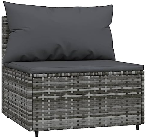 vidaXL Garten Mittelsofa, Gartensofa mit Kissen Stahlrahmen, Modular Sofa für Garten Terrasse, Gartenmöbel Loungemöbel, Grau Poly Rattan