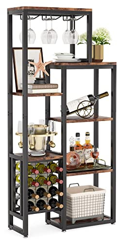 LITTLE TREE Weinregal, freistehend, 5-stöckig, Weinbäckerregal, Weinregal mit Glashalter und Weinaufbewahrung für Bar, Küche, Esszimmer, rustikales Braun