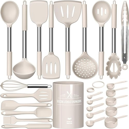 Set di utensili da cucina, 26 pezzi, in silicone, resistenti al calore, con porta utensili, set di utensili da cucina antiaderente con manico in acciaio inox, lavabile in lavastoviglie, colore: cachi