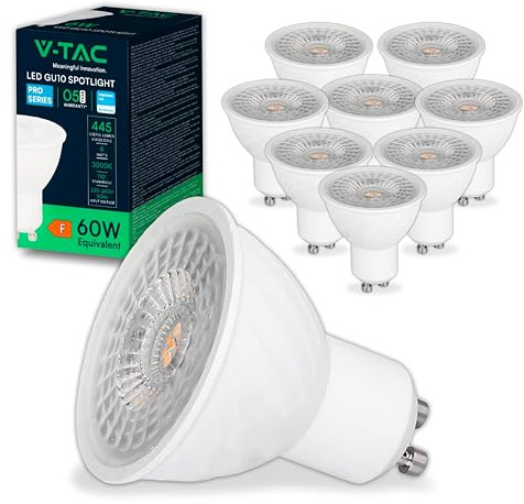 V-TAC 10x GU10 LED-lampor 6W (60W motsvarande) - Samsung CHIP - 445 lumen - hög ljusstyrka - GU10 LED-spotlight för maximal effektivitet och energibesparing - 3 000 K varmvitt ljus
