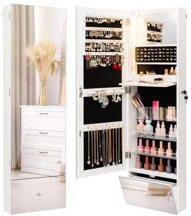 COSTWAY Armoire à Bijoux Murale 120 cm, Lumières LED, Miroir Sans Cadre Pleine Longueur, Miroir Intégré, Étagère de Maquillage Pliable, Tiroir de Rangement, Verrouillable, Blanc