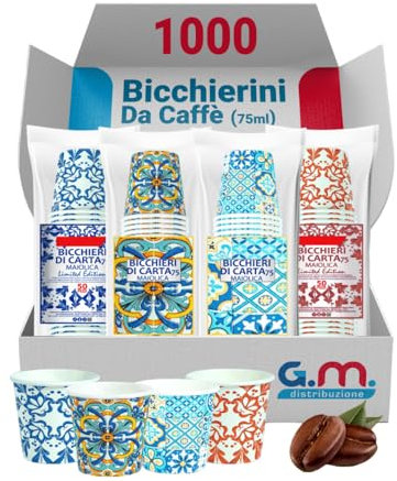 G.M. DISTRIBUZIONE 1000 Pezzi Bicchieri da Caffè in Carta con Grafiche Maioliche, 75 ml, Biodegradabili Biocompostabili, Usa e Getta, 4 Colorazioni, Ideale per Casa, Ufficio, Asporto Bevande Calde