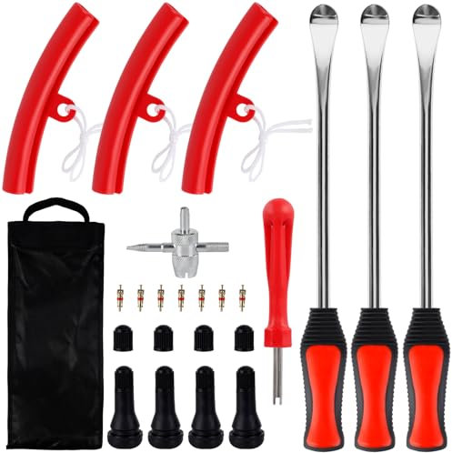 JABNOW 24 Stück Reifenmontage Werkzeug, Motorrad Montiereisen mit 3 Felgenschutz Kit, Voll Ausgestattete Reifenmontierhebel, Reifenmontiergerät für Motorrad Fahrrad E Scooter Auto