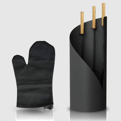 Kaminbesteck 5-tlg. Grauschwarz mit Holzgriff inkl. Ofenhandschuh I Kaminset Kamingarnitur Anthrazit Ofenbesteck Schürhaken Besen Ascheschaufel