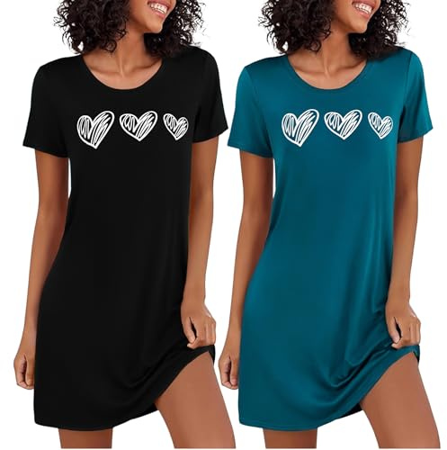 Marvmys Chemise De Nuit Femme en Coton Robe De Nuit à Manches Courtes 2PCS | Vêtement De Nuit Col Rond Imprimé Cœur Deux Pièces S-4XL