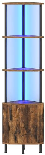 HOOBRO Corner Cabinet with LED Light, Corner Shelf Stand with Storage and Doors, 5-Tier Industrial Corner Bookshelf, 59” Tall Display Rack Shelf, for Living Room, Kitchen, Rustic Brown BF147DCJ01