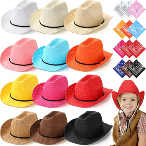 SATINIOR 12 Set Kid Cowboy Hat Set - Western Cowboy Hat with Bandanas for Summer Halloween Party Costume(Multicolors)
