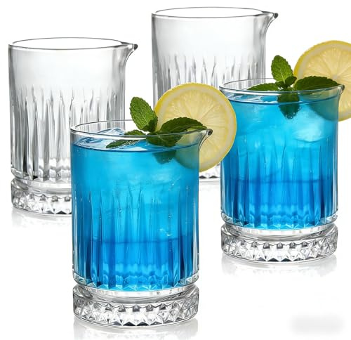 4-pack 21oz Cocktail Mixing Glass Pitcher Set Drinking Glasses Cups - Crystal Bar Bartender Kit for Martini, Manhattan, Water, Ice Coffee,Cold Beverage - Wedding Anniversary Birthday Gift for Home