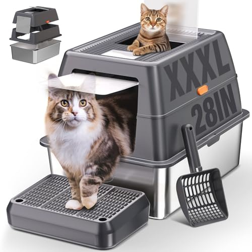 XXXL Stainless Steel Litter Box with Lid, Extra Large 28 Lx20 Dx18.1 H Litter Box for Big Cats, Enclosed Jumbo Metal Litter Boxes with Removable Cover & Footboard, Anti-Leakage,Odorless