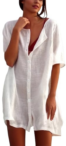 Robe de Plage Femme Ete Chemise Plage Femme Col Rond Coton Et Lin Chemise Sortie de Bain Maillots et Sarongs Bikini Cover Up Casual Élégante Robe de Maillot Beachwear Blouse 2025