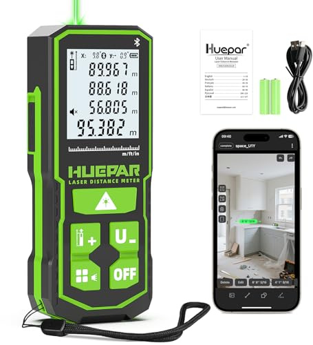 Huepar 100m Outil de Mesure Laser Vert avec Contrôle par Application, Distancemètre Bluetooth Rechargeable, Capteur d'angle, Modes Multiples, IP54 Étanche Durabilité pour Maison et Construction