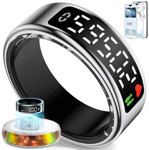 Anillo Inteligente para Hombre Mujer, 2026 Smart Ring con Pantalla LED, IP68 Impermeable, Fitness Ring Tracker para Monitorear Pulsómetro/SpO2/HRV/Sueño, Compatible con iOS y Android