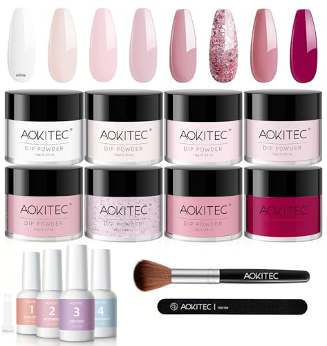 Aokitec Lot de 14 poudres de trempage pour ongles : 8 couleurs, 4 liquides et accessoires