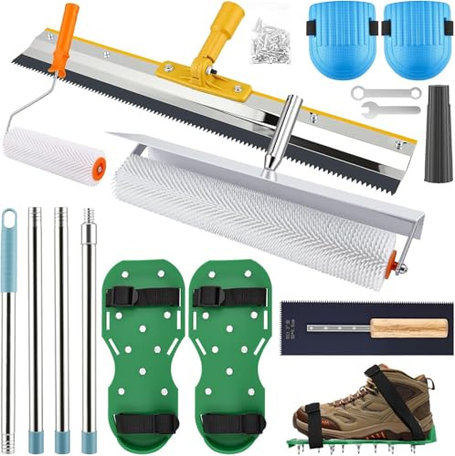 Kit de Autonivelación de Cemento Completo, Rodillo de Púas Desaireador 48cm, Rasqueta 56cm, Llana Dentada 5mm, Zapatos con Clavos, Palo Telescópico Ajustable, Herramientas para Nivelar Suelos de Epoxi