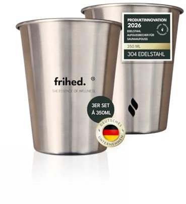frihed.® - Set di 3 bicchieri da infusione per sauna, 350 ml, in acciaio inox, perfetti per miscelare oli da infusione e oli essenziali accanto al secchio per sauna, accessori per sauna, sacchetto di