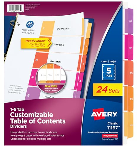 Avery Ready Index Table of Contents Dividers, 5-Tab, Color, 24 Sets
