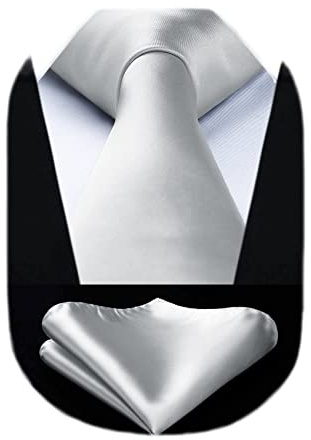 HISDERN Extra Long Argent Couleur unie Homme Cravate Mariage Fete Cravate Mouchoirs pour Hommes Classique Cravate Classique Ensemble Carré de Poche
