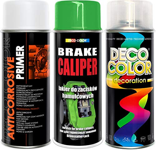 Deco Color Brake Caliper Deluxe 3 Items KIT Drum Primer Paint Protective Clear Coat Spray Gloss Moto Sport CAR Tuning Vehicle (Green Deluxe kit)