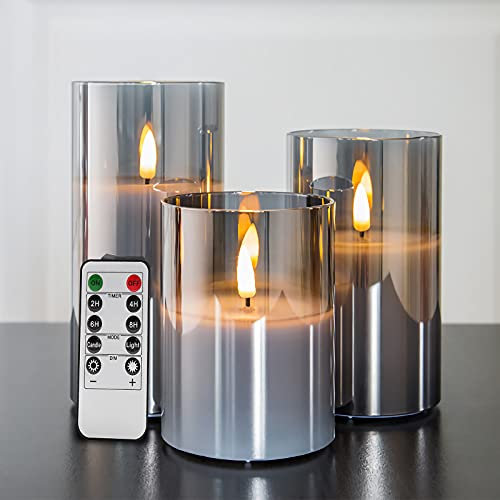Eywamage Silver Grey Glass Flameless Flickering Candles with Remote, 3 Pack Realistic LED Fake Candles ∅ 3 H 4 5 6