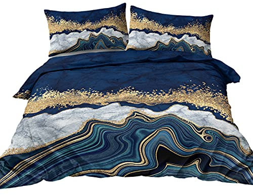 BlessLiving Marble Bedding Grey Navy Blue & Gold Marble Duvet Cover Set Modern Printed Design Bed Set Double 1 Duvet Cover 2 Pillowcases