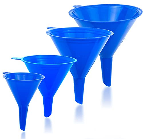 Liqvee Funnel Blue in 4 Different Sizes (122, 101, 76 & 50mm) Durable & Non-Toxic Food Grade Plastic -Funnels for Filling Bottles or Containers – Ideal for Kitchen, Garage & Labs (Blue)