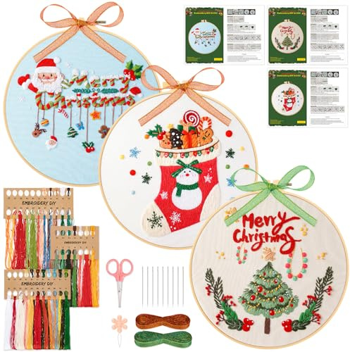 JSRQT Kit de Bordado Navideño, 3 Juegos de Kits de Bordado para Principiantes, Kit de Punto Cruz con Patrón Navideño de Colores, Kit de Inicio de Bordado de Gama Completa con Herramienta de Bordado